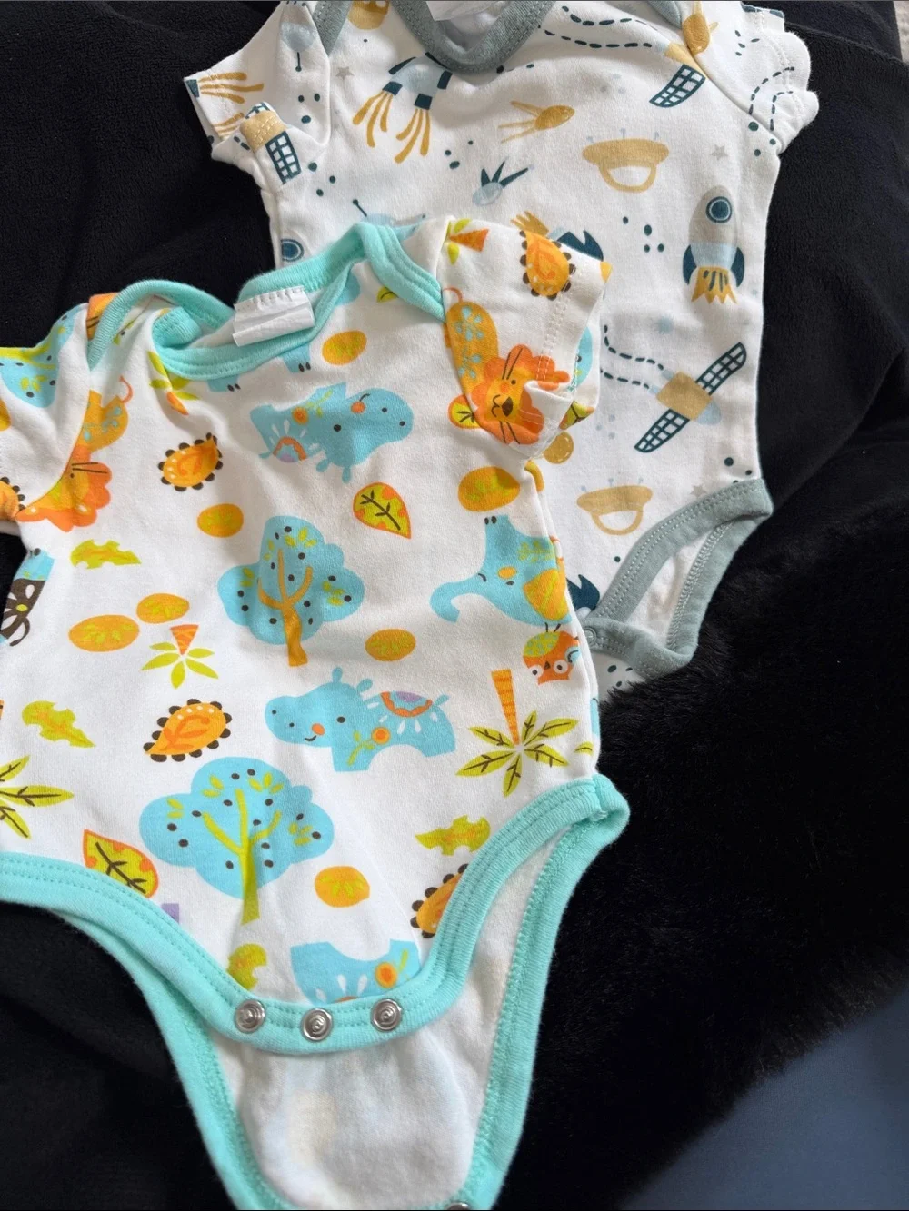 Unbranded White Baby Bodysuit with Aqua Trim and Jungle Print